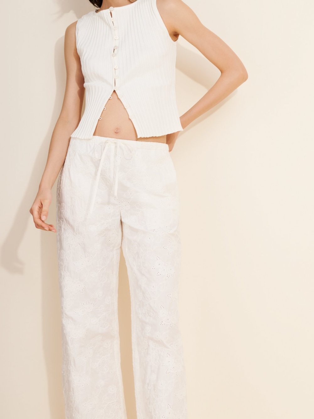 Women's White Eyelet Wide-Leg Drawstring Pants